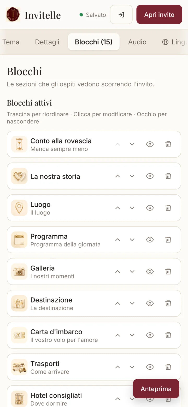 Pannello su telefono: blocchi dell'invito