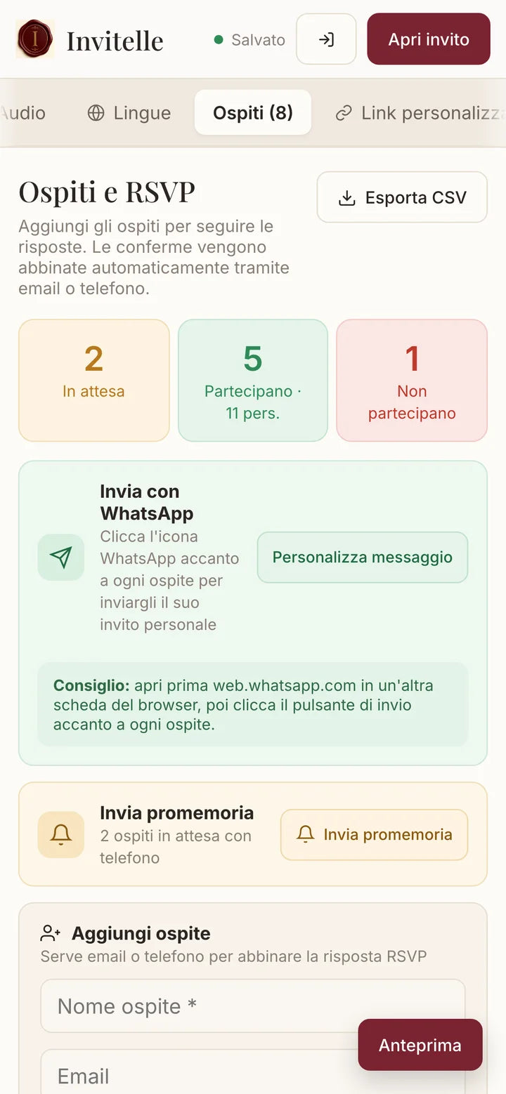 Invitelle aperta come app: ospiti e RSVP